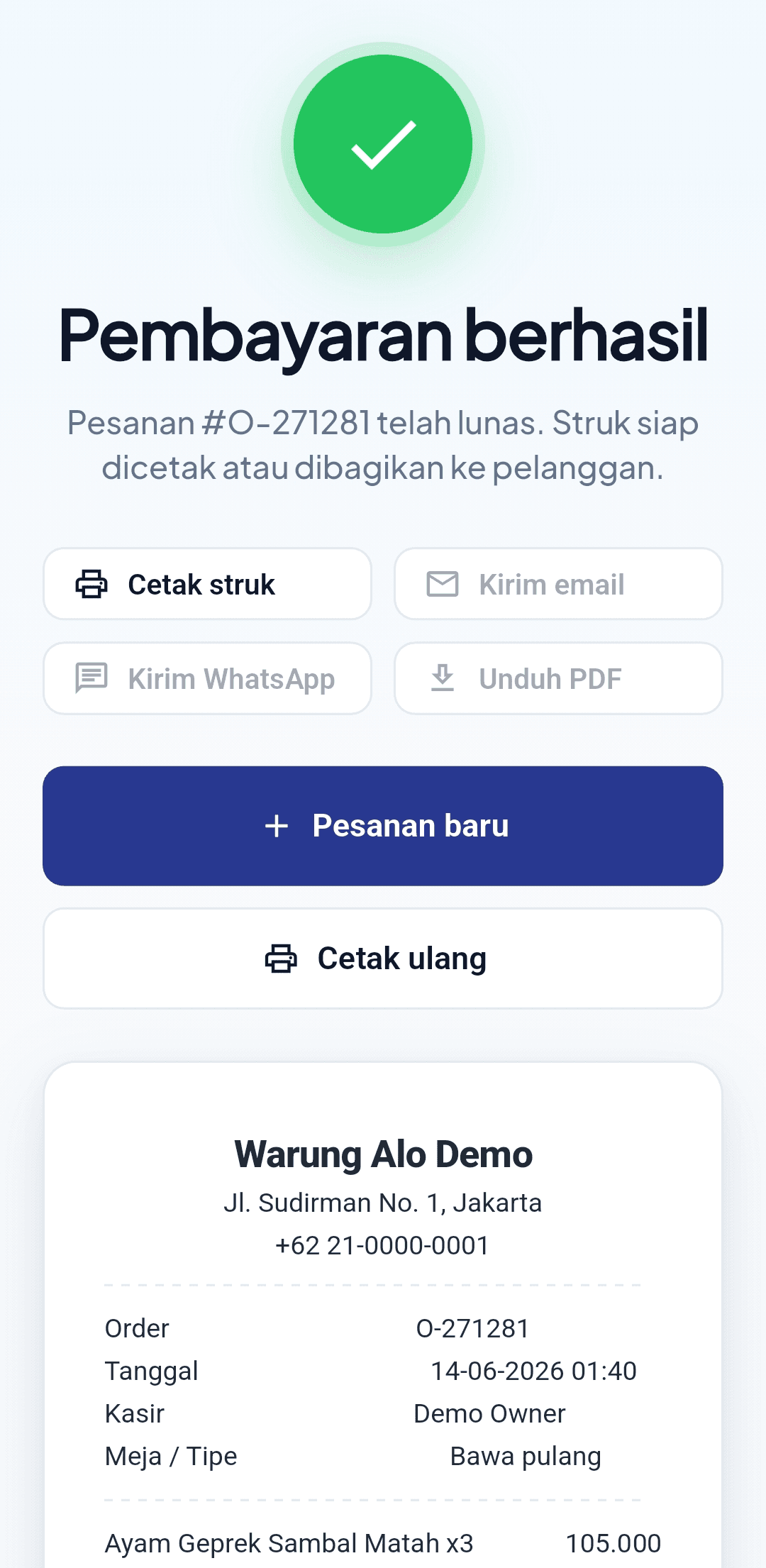 Layar pembayaran berhasil di aplikasi alo pos